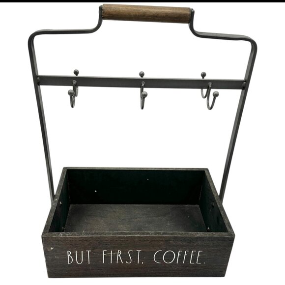 Rae Dunn BUT FIRST COFFEE Wooden Coffee Station Organizer Metal Handle Hooks - Picture 7 of 12